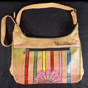 Anuschka Vintage Hand Painted Floral Stripes Leather Hobo Shoulder Bag Purse